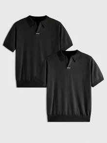 AKNOTIC 2 件装男士简约丝滑短袖针织 Polo 衫，黑色 Polo 衫，夏季简约纯色 Polo 衫，华夫格针织 Polo 衫，吸湿排汗高尔夫上衣，现代剪裁商务休闲 - 黑色 - 查看 5