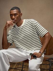 AKNOTIC 2件套男士条纹圆领休闲短袖T恤 - 杏色 - 查看 3