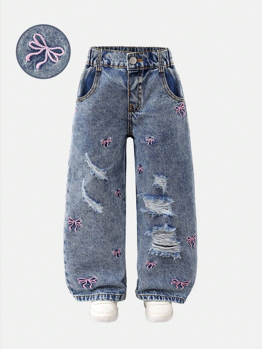 SHEIN Explorewe Young Girls Jeans, New Arrival, Medium Blue Denim, Casual Cute Style, Butterfly Embroidery + Distressed Detailing, Cute And Fashionable, Straight Leg, Comfortable Cotton Denim, Suitable For Daily Outings, School, Commute, Home, Parties, Autumn New Product - Medium Wash - View 1