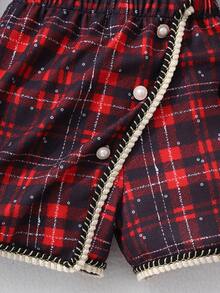 Elladie kids Girls Solid Color Ribbed Collar Ruffle Trim Long Sleeve Top + Plaid Button Decor Skort, Casual Daily Outfit - Black - View 6