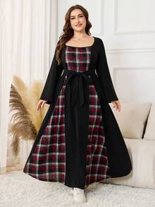 Lacomfia Plus Size Women Casual Knit Patchwork Plaid Waist Belt Dress