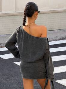 Muchica Women's Dark Grey Asymmetric Shoulder Sequin Letter Print Mini Dress,Punk Streetwear Autumn Winter Clothes,Black Washed Casual Night Out Outfits - Grey - View 2