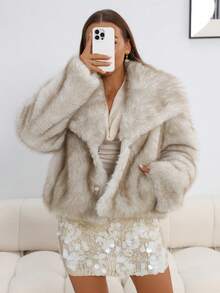 Almamuse Women's Faux Fur Collar Long Sleeve Short Jacket, Autumn/Winter - Light Grey - View 4