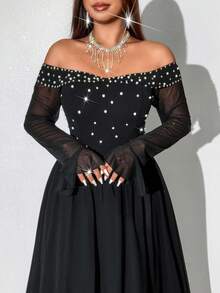 Viva Relle Plus Size Women's Elegant Black Autumn Formal Evening Beaded Off Shoulder Chiffon Patchwork Long Sleeve Flowing Maxi Dress For Prom Gown - Black - View 3