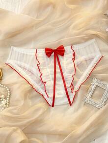 女士蝴蝶结撞色拼接荷叶边时尚网纱丁字裤，圣诞节 - 紅白色 - 查看 6