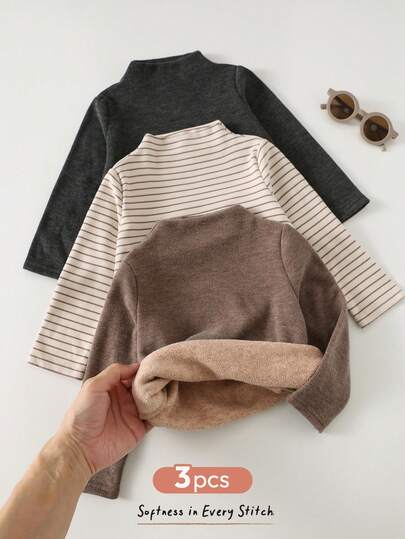 Cozy Pixies Set de 3 piezas de suéteres de cuello alto de manga larga de punto suave con rayas y unicolor para bebé niño