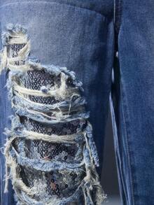 ROMWE Avant Jeans de pierna ancha con diseño de parches de lentejuelas y desgastados, para fiesta - Azul - Ver 2