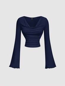 SHEIN MOD Casual Versatile Scoop Neck Flare Sleeve Navy Blue T-Shirt