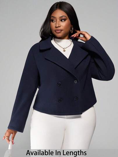 SHEIN PETITE CURVE Plus Size Women's Autumn/Winter Solid Color Peter Pan Collar Long Sleeve Double-Breasted Short Jacket