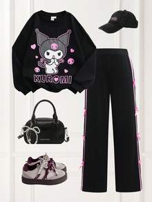 HELLO KITTY AND FRIENDS | SHEIN 2 件套青少年女孩可爱卡通印花圆领落肩长袖运动衫和蝴蝶结装饰裤休闲装，黑色 - 黑色 - 查看 1