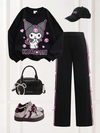 HELLO KITTY AND FRIENDS | SHEIN 2 st/set Tween Girl Söt Tecknad Print Rund Hals Nedsänkt Axel Långärmad Tröja Och Rosettdekor Byxor Casual Outfit, Svart