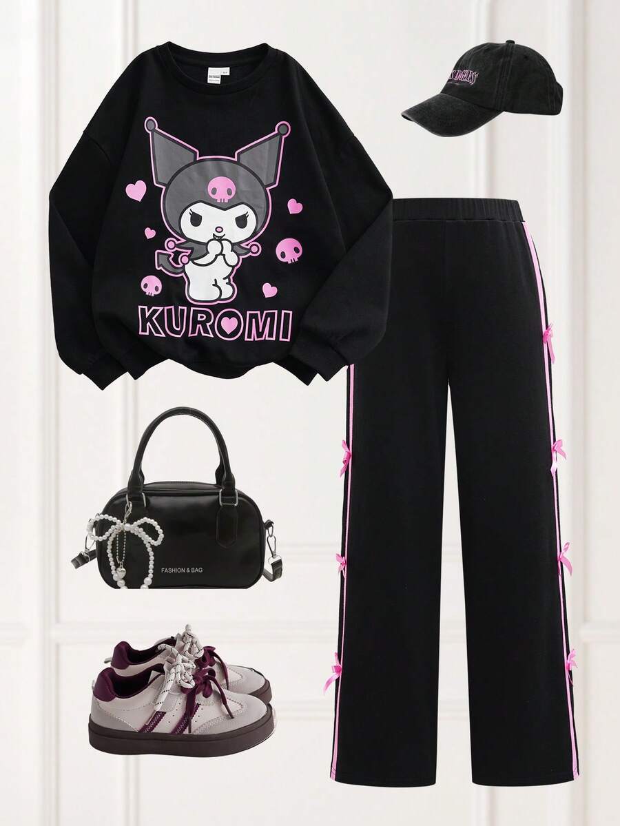 HELLO KITTY AND FRIENDS | SHEIN 2 件套青少年女孩可爱卡通印花圆领落肩长袖运动衫和蝴蝶结装饰裤休闲装，黑色 - 黑色 - 查看 1