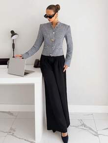 Siren Gaze 女士标准尺码千鸟格纹长袖西装外套，女士冬季服装，女士冬季夹克，女士冬季外套 - 黑與白 - 查看 5