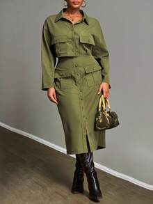 Slaydiva 秋冬新款女装，音乐节万圣节服装，生日裙，日常休闲装，度假，邮轮旅行，海滩，日光浴，爆款绿色实用口袋长袖短款衬衫和裙子，大码家居服套装 - 綠色 - 查看 3