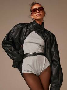 Athîral Women's Autumn Casual Everyday Grey Bodysuit Top,Long Sleeve Dropped Shoulder Loose Lantern Sleeve,Back Half Button Closure Body Suit,Fitted - Light Grey - View 4