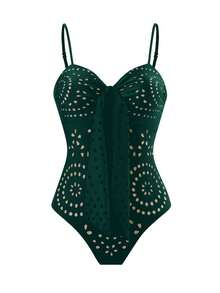 Swim Oasis 女士V领焦糖棕色镂空连体泳衣 - 墨綠色 - 查看 4