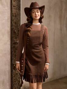 Wildy 休闲复古美式风格女士秋冬日常基本款铆钉流苏无袖吊带迷你连衣裙