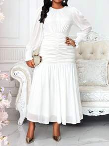 SHEIN Lady CURVE 大码女士优雅纯色褶皱连衣裙 - 白色 - 查看 4