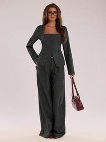 SHEIN BAE Distinctive Square Collar Design Office Blazer - Dark Grey - View 4