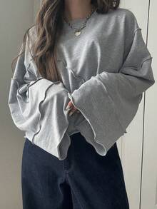 FRIFUL Sudadera corta holgada de mujer con dobladillo con volantes, gris, ropa de primavera