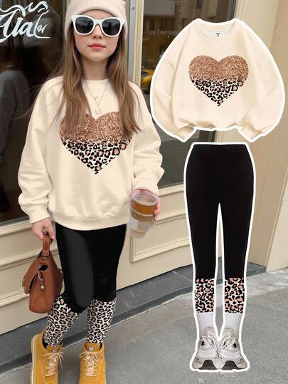 SHEIN Conjunto de sudadera de cuello redondo de manga larga y leggings suaves y gruesos con estampado de corazón de leopardo degradado con brillo otoñal para niñas preadolescentes en color crema beige, apropiado para otoño/invierno, atuendos de otoño, comodidad fácil, capas de otoño para niños, ropa gráfica con corazón para niños, vuelta al colegio, ropa de otoño, homecoming, apropiado para salidas, estilo callejero, hogar, fiesta