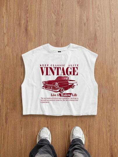 Manfinity Joysei Vintage Car Graphic Print White Knitted Short Tank Top For Men With Slogan Detail