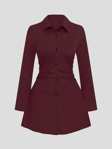 Franclia Vestido camisero de manga larga con cintura ceñida, talla grande y estilo casual - Burdeos - Ver 2