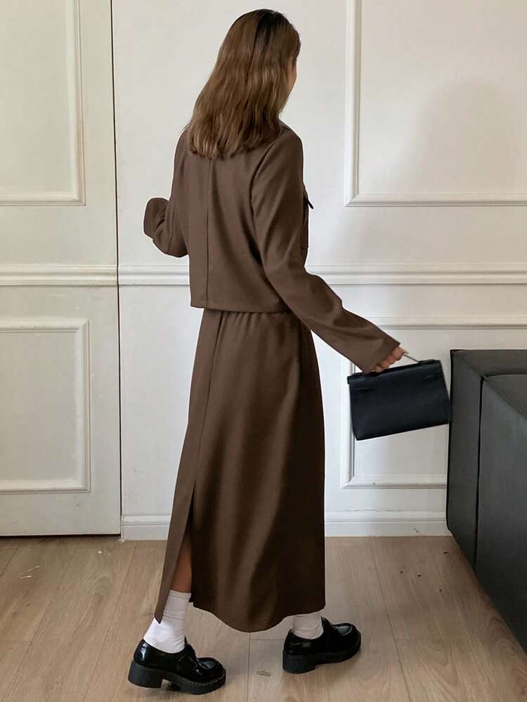 Women's Casual PU Leather Patchwork Collar Pocket Jacket And Straight Skirt 2 Pieces Set, Autumn