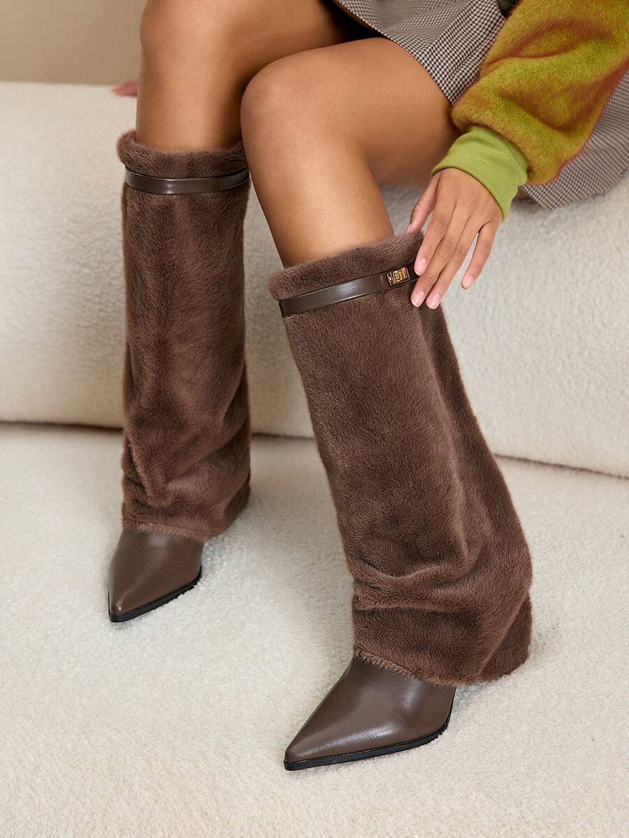 Daringsoles Botas Femininas Estilo Western Com Bico Fino, Salto Grosso E Franjas, Modelo Slim Fit De Cano Alto. - Castanho - Ver 1