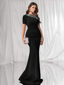 Coutiva Women's Elegant Faux Pearl & Rhinestone Decor Fish Tail Hem Formal Evening Gown Women's Formal Evening Dress Gown (Heavy Embroidery) Women Rhinestone Embellished Sheer Black Long Evening Gown, Wedding Guest Dress, Elegant Evening Dress, Prom Dress, For Wedding Dress Waist And Chest Slimming, Party Dress, Formal Dress - Black - View 4