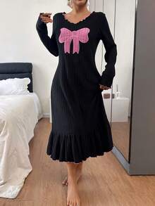 SHEIN 女士蝴蝶结刺绣拼接荷叶边下摆舒适针织睡裙，适合秋冬季穿着 - 彩色 - 查看 5