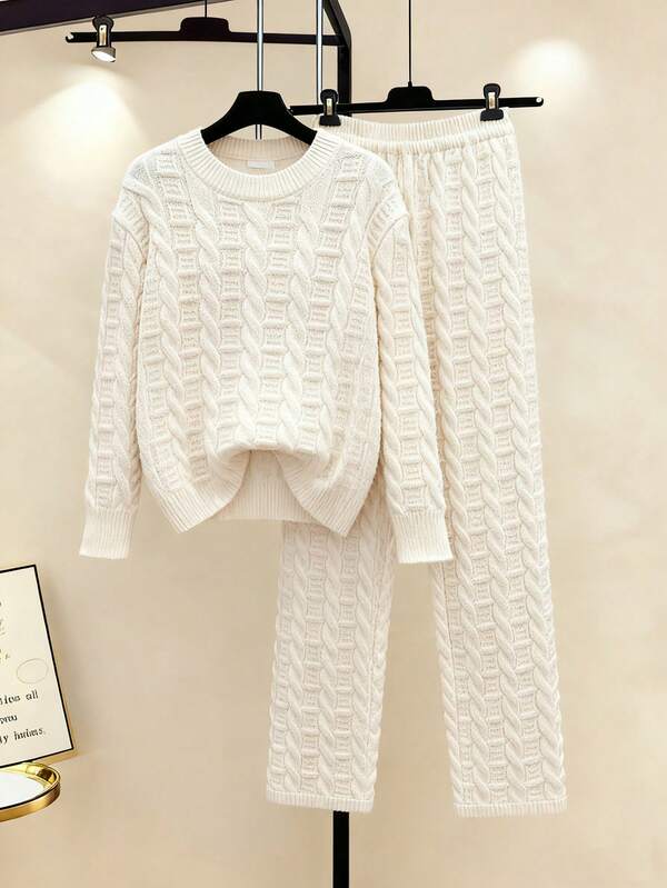 Franclia Women's Autumn And Winter Simple Daily Beige Apricot Cable Texture Solid Color Casual Sports Sweater Two-Piece Set Round Neck Drop Shoulder Long Sleeve Knitted Pullover Sweater And Elastic Waist Stretch Knitted Trousers Two-Piece Setwinter Winter Clothes For Women Winter Clothes Fall Christmas Christmas Clothes Christmas Outfit For Women New Year New Year Clothes New Year Outfit New Year Women Thanksgiving Party Beach  Elegantgraduation Ball Cosplay New Year Going Out Tops For Women Graduation Elegant Fashionable Casual Commuting Business Office Daily Leisure All-Match Temperament Urban Teacher Professional Attire