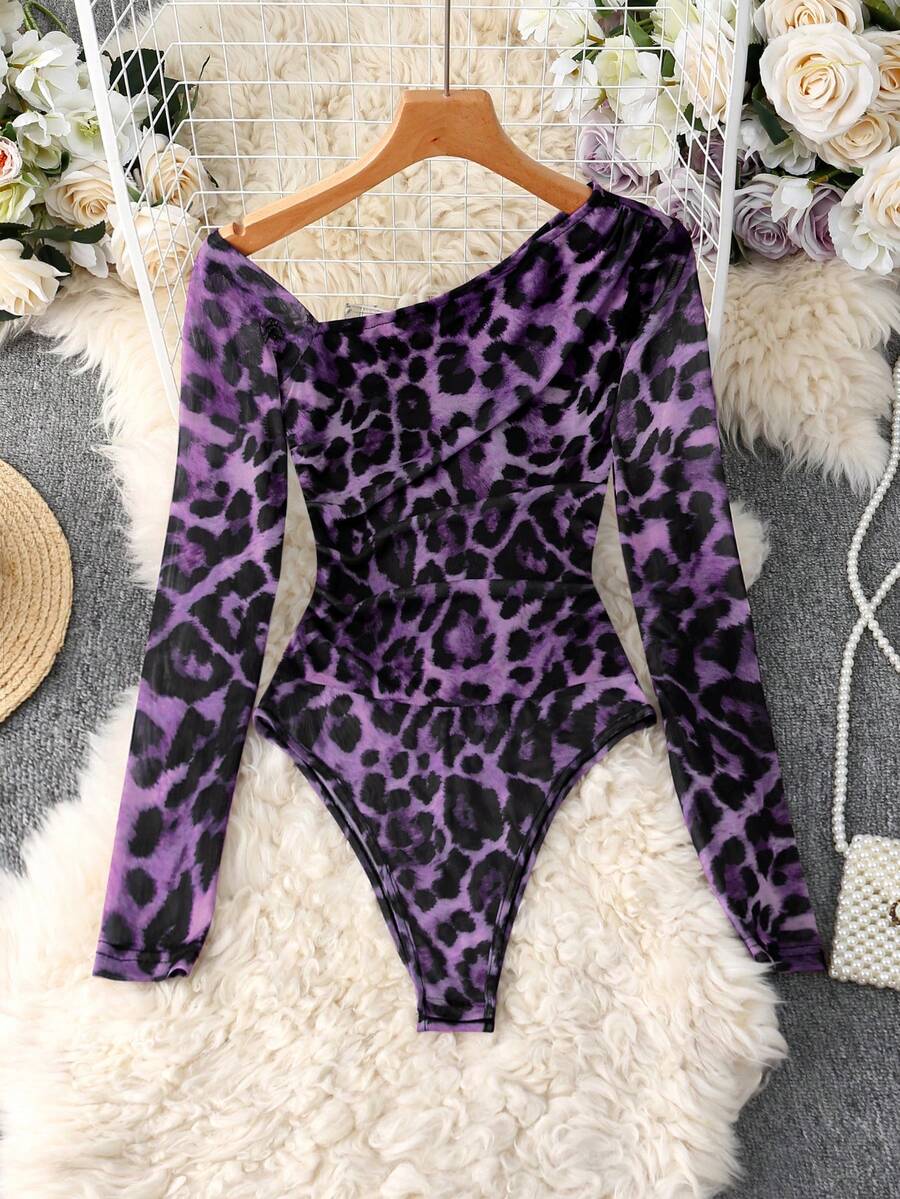 Franclia Damen Mode Leoparden-Muster Mesh transparente Schulter Langarm Bodysuit - Violett - Übersicht 1
