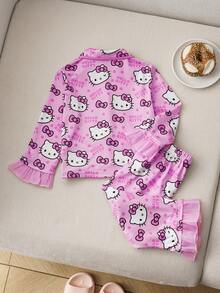 HELLO KITTY AND FRIENDS | SHEIN Baby Girl Cartoon Bow Kitty Cat Allover Print Button Front Top & Pants Pajama Set, Sweet & Lovely, Autumn/Winter Pink Pajama Set Ruffle Trim Pajamas - Pink - View 2