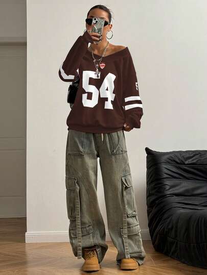 StreetHx Kadın Sportif Sokak Giyim Kontrast Renkli Sayısal Jersey Sweatshirt