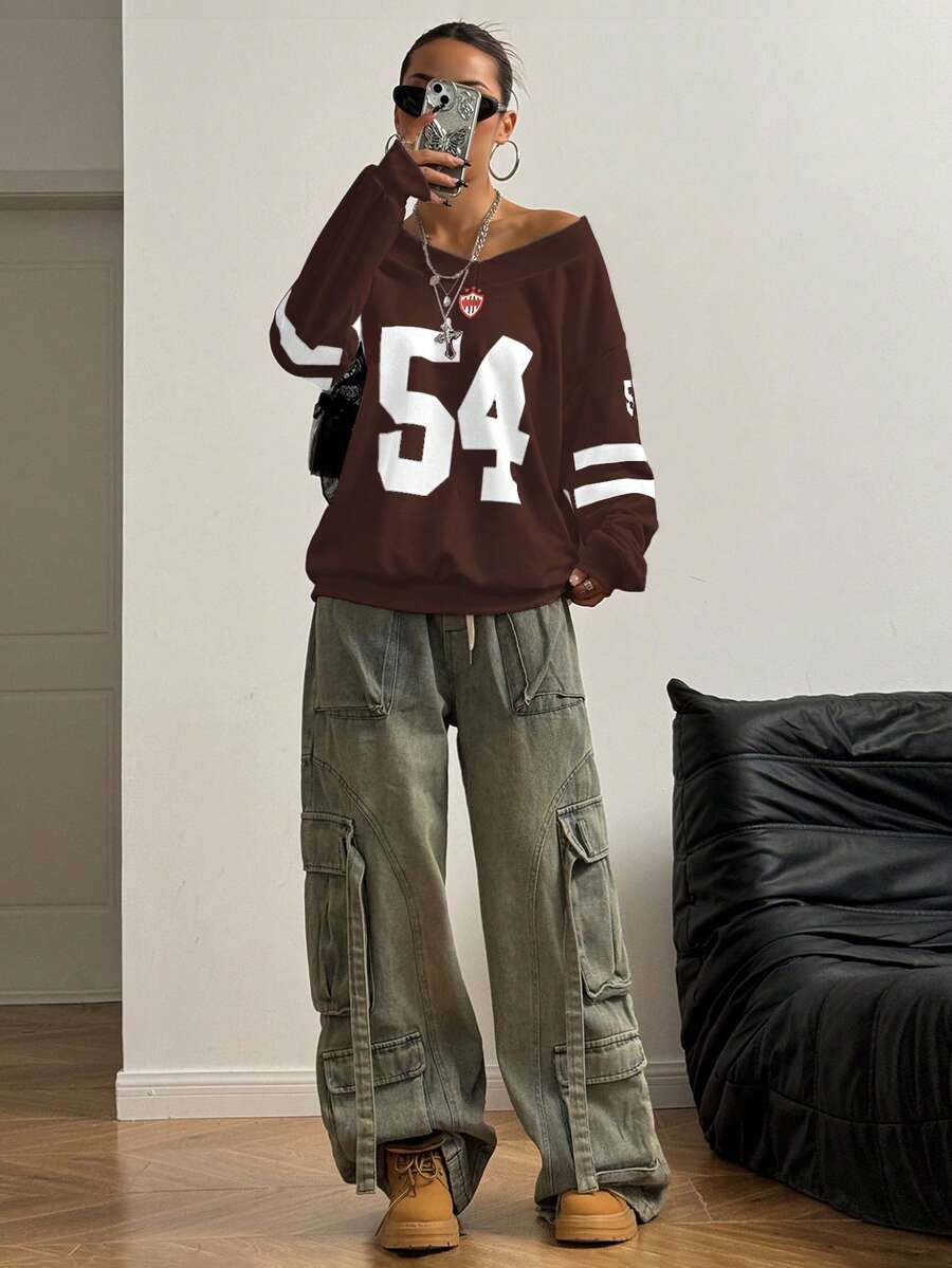 SHEIN HypeZone 女式运动街头撞色数字针织运动衫 - 咖啡棕 - 查看 1