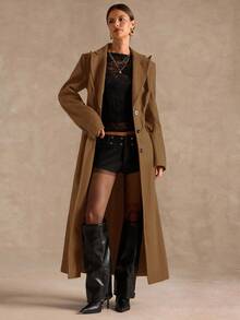 SHEIN BAE Áo khoác dài cao cấp, thắt eo màu trơn, thời trang thu/đông - Lạc đà - Xem 7