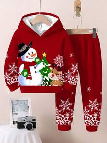 SHEIN Set de 2 sudaderas con capucha de manga larga de ajuste holgado con gráficos de muñeco de nieve, dibujos animados y renos, para niños pequeños, cálidas y cómodas, adecuadas para otoño/invierno - Multicolor - Ver 3