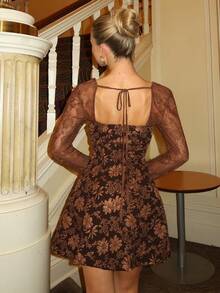 Glamine Charm Women's Brown 3D Textured Jacquard & Contrast Lace Cinched Waist A-Line Dress, Elegant Holiday Party Christmas Halloween Dress, Women's Brown Dress Fall Dress Dinner Date Dress Autumn Dress Brown Short Dress Coffee Brown Dress - Brown - View 3