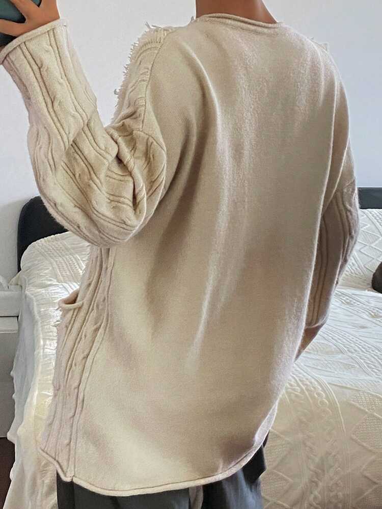Women's Loose Fit Fringe Trim Long Sleeve Pockets Casual Knit Cardigan, Autumn/Winter