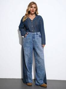 Maija 加大码蓝色牛仔裤高腰直筒裤舒适松紧腰带配色设计秋冬休闲装 - 中等水洗藍 - 查看 2