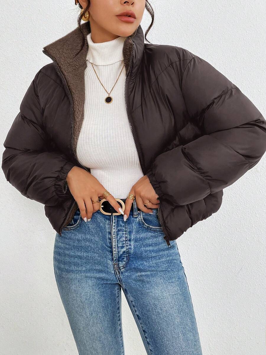 SHEIN Frenchy Women's Solid Color High Collar Winter Thermal Lined Zip-Up Long Sleeve Padded Coat Brown Casual