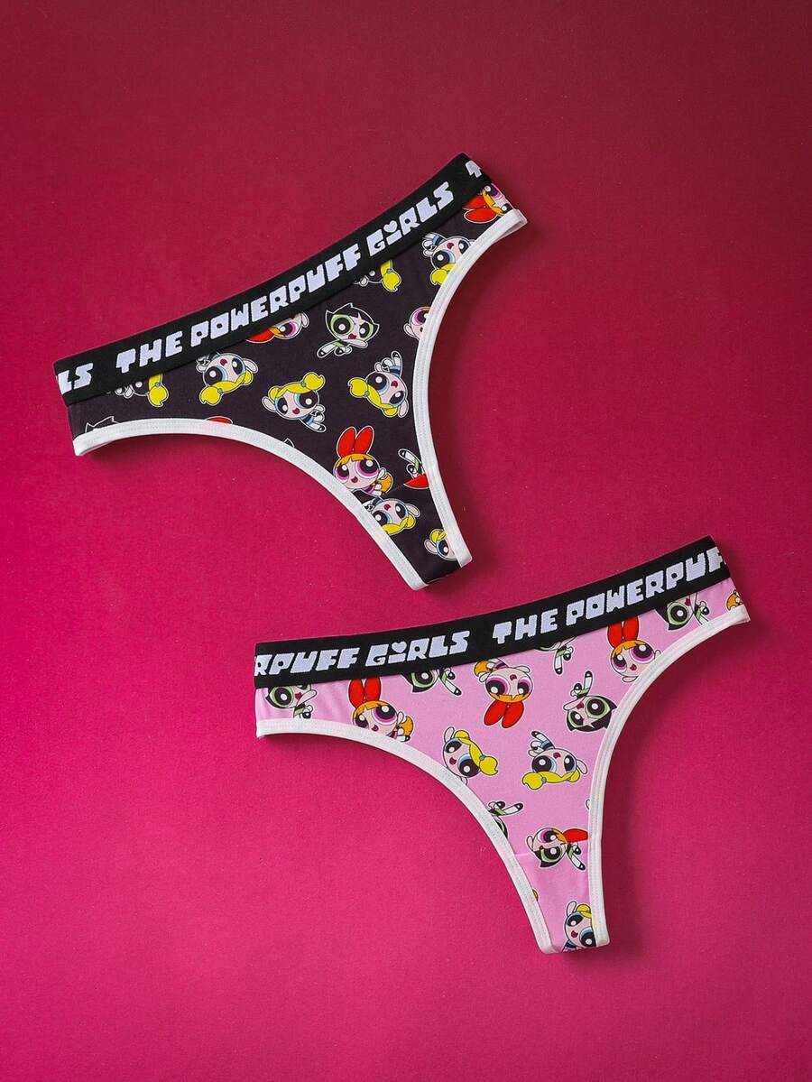 THE POWERPUFF GIRLS X SHEIN 2 piezas Tanga sexy de mujer con contraste de letras y patrón de Blossom, Bubbles y Buttercup de las Chicas Superpoderosas en negro y rosa, ropa interior suave y cómoda, linda, kawaii y dulce para mujeres