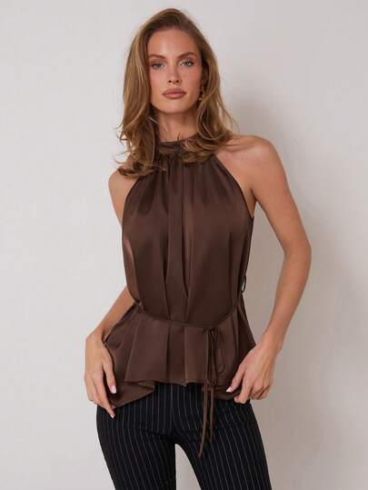 COSMINA Women's Elegant Waist Tie High Collar Ruched Satin Sleeveless Tank Top, Versatile For Commuting And Daily Wear, All Seasons, Chocolate Brown Top, Dark Brown Top , Brown Top Women , Coffee Brown Top