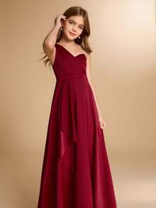 Elegantes Blumen Mädchen-Kleid für Abschluss, Hochzeit, Ball, geeignet für Halloween, Weihnachten, burgunderrotes Satinkleid mit einem Schulterträger, Schleife, rückenfreiem Rücken und Midi-Länge für Tween Mädchen, asymmetrischer Saum, aufgeblähter Prinzessinnen-Stil für den Schulanfang - Bordeaux - Übersicht 6