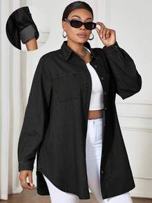 SHEIN Lady 蓝色大码牛仔连衣裙，休闲宽松长袖衬衫裙，舒适休闲 - 黑色 - 查看 7