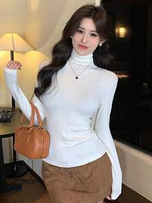 DAZY Women's Basic Solid Color Turtleneck T-Shirt, Autumn/Winter Long Sleeve Women - White - View 5
