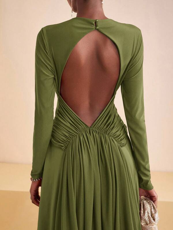 Zivah 2025 初秋夏季新款日常约会通勤商务女士优雅沙滩游轮派对简约流行生日派对高端交叉露背长袖针织拼接缎面亮面面料女士修身长裙-A