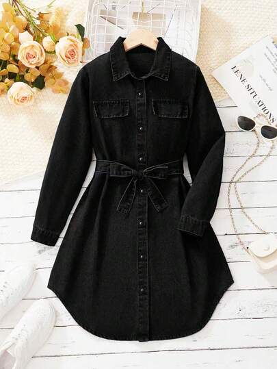 SHEIN Robe en jean à manches longues avec boutons devant pour filles pré-adolescentes, style décontracté