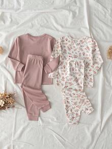 Loomiva 4件套女婴碎花印花柔软针织贴身睡衣套装，圆领长袖上衣和松紧腰打底裤 - 彩色 - 查看 2